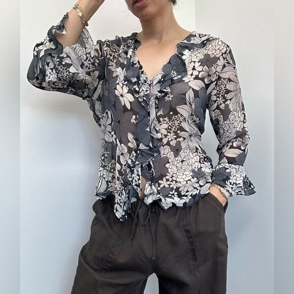 Vintage Y2K 100% Silk Ruffle Boho Floral Shirt Semi Sheer Blouse Size L - Picture 2 of 10